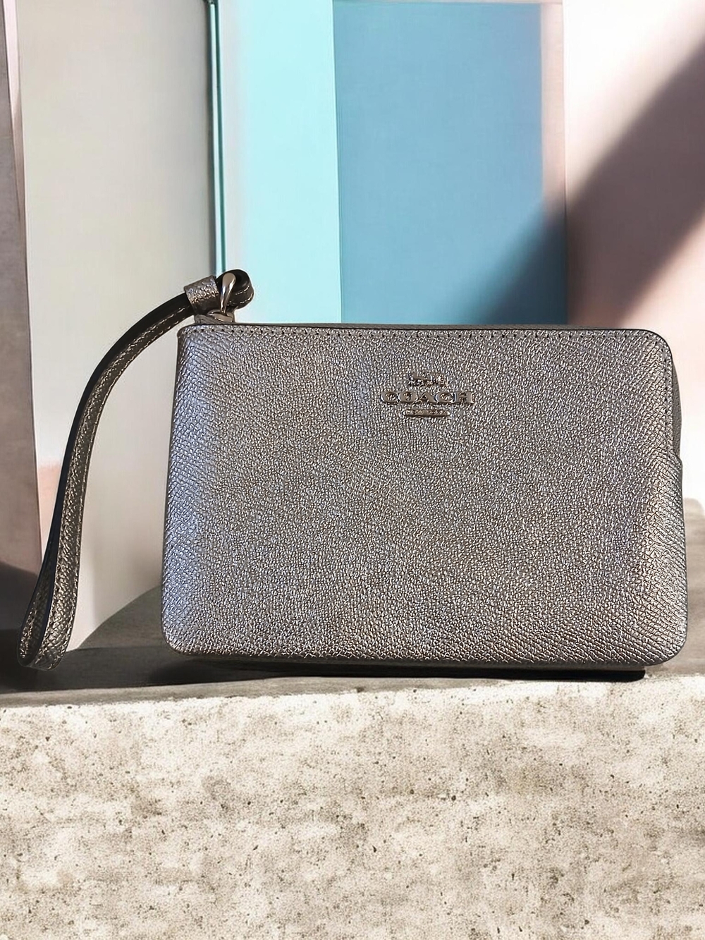 Coach Metallic Pewter Leather Wristlet with Logo Plaque